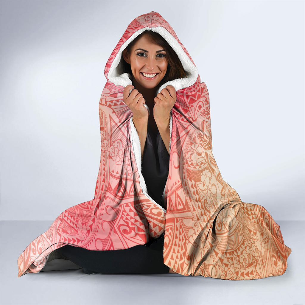 Hawaiian Turtles and Leis Hooded Blanket Tribal Kakau Pattern Peach Fuzz Color
