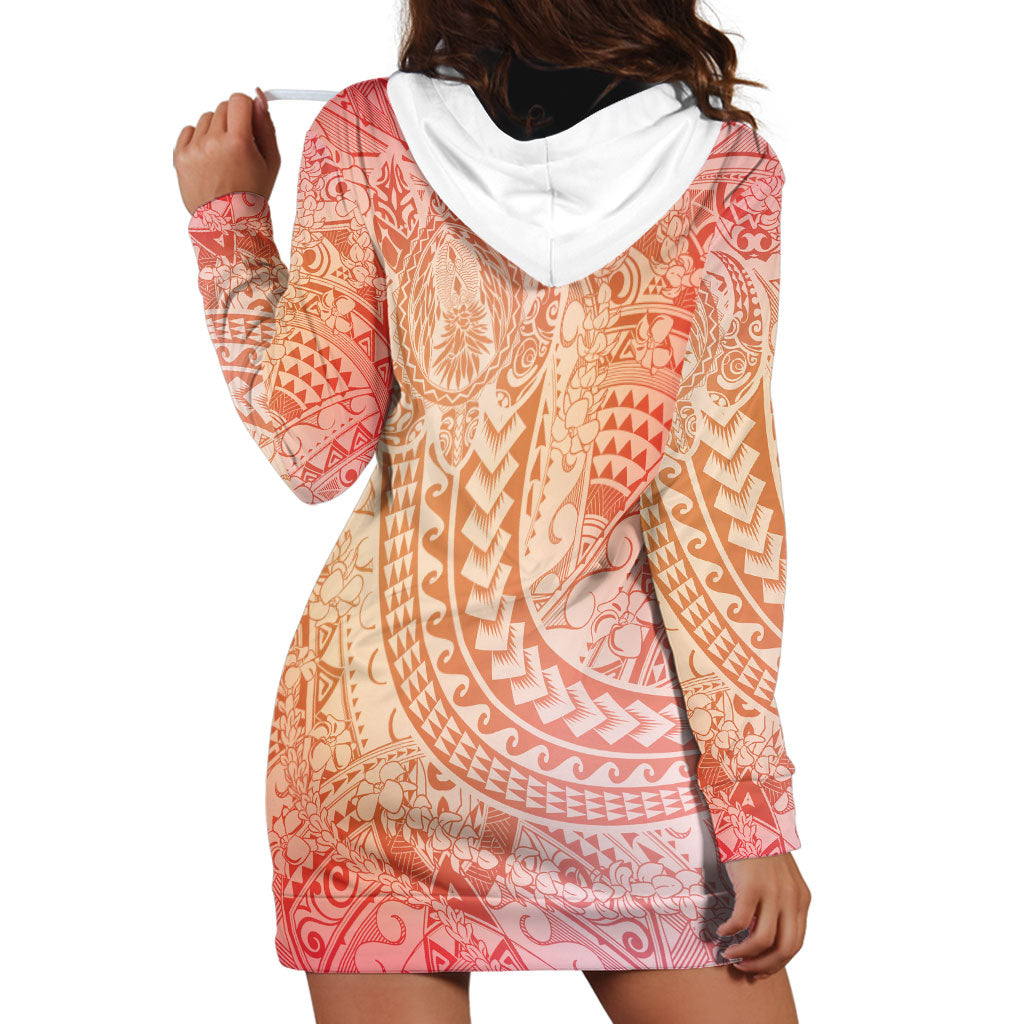 Hawaiian Turtles and Leis Hoodie Dress Tribal Kakau Pattern Peach Fuzz Color