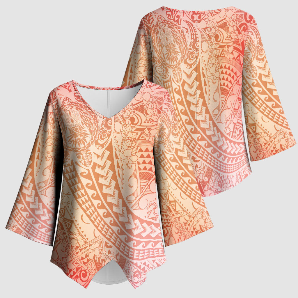 Hawaiian Turtles and Leis Kimono Sleeve Blouse Tribal Kakau Pattern Peach Fuzz Color