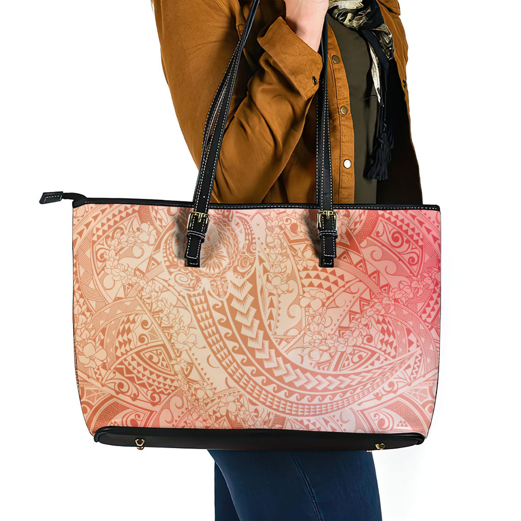 Hawaiian Turtles and Leis Leather Tote Bag Tribal Kakau Pattern Peach Fuzz Color