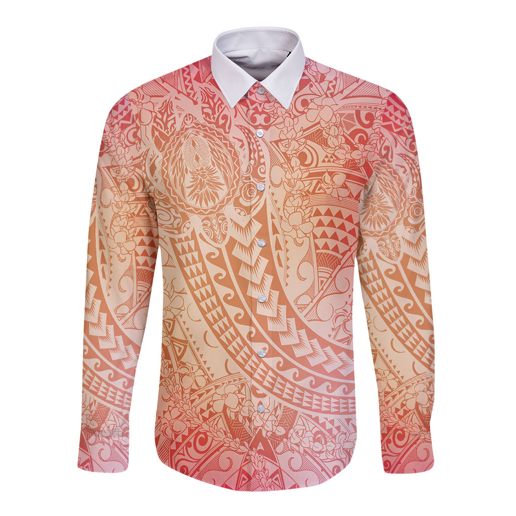 Hawaiian Turtles and Leis Long Sleeve Button Shirt Tribal Kakau Pattern Peach Fuzz Color LT03 Unisex Peach Fuzz - Polynesian Pride