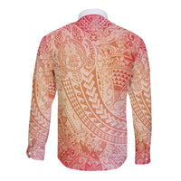 Hawaiian Turtles and Leis Long Sleeve Button Shirt Tribal Kakau Pattern Peach Fuzz Color