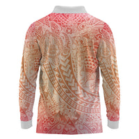 Hawaiian Turtles and Leis Long Sleeve Polo Shirt Tribal Kakau Pattern Peach Fuzz Color