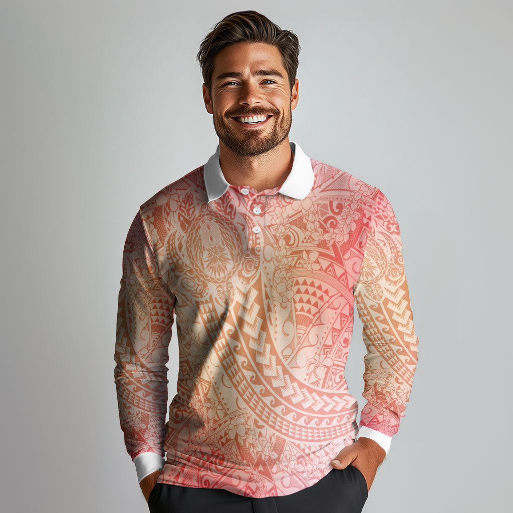 Hawaiian Turtles and Leis Long Sleeve Polo Shirt Tribal Kakau Pattern Peach Fuzz Color