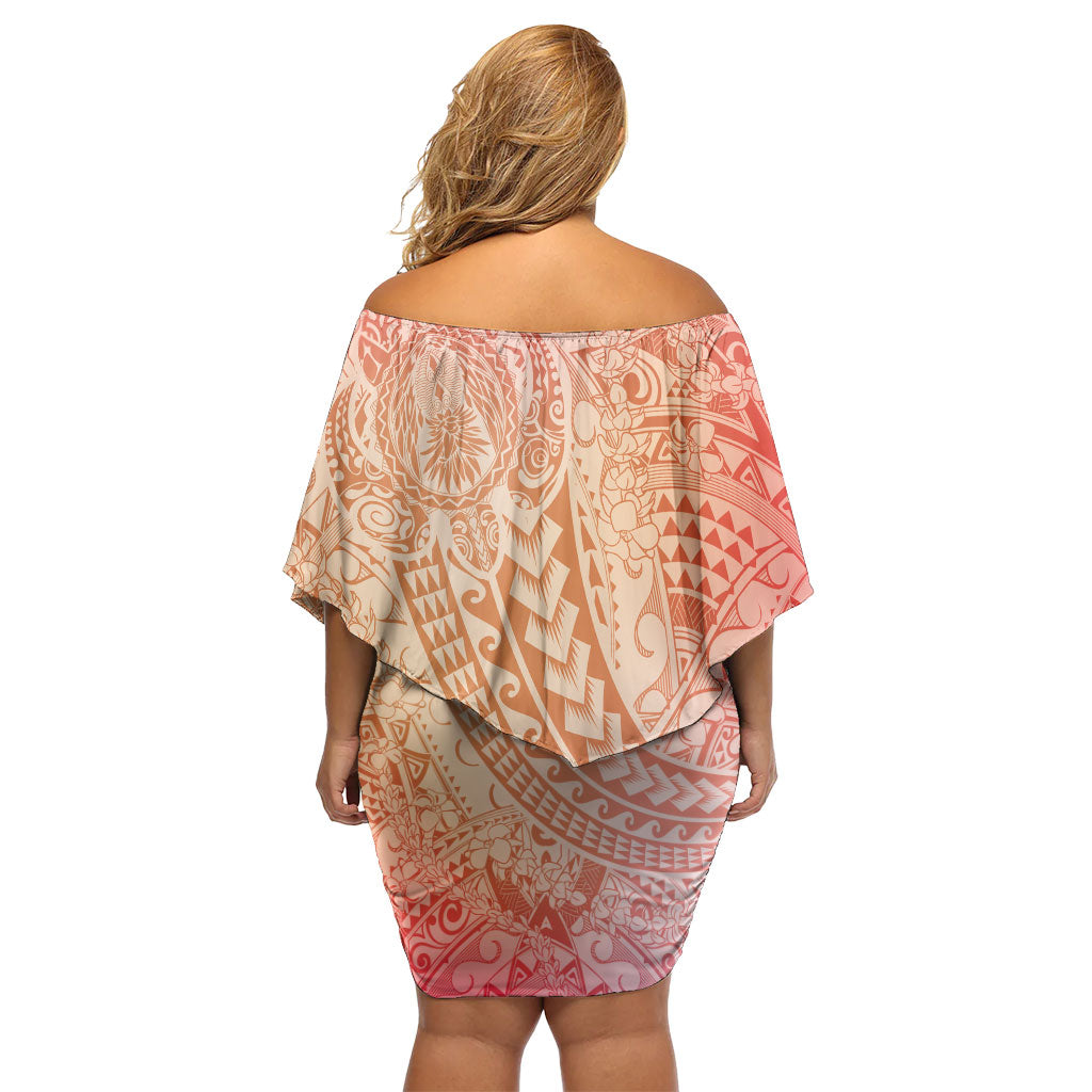 Hawaiian Turtles and Leis Off Shoulder Short Dress Tribal Kakau Pattern Peach Fuzz Color