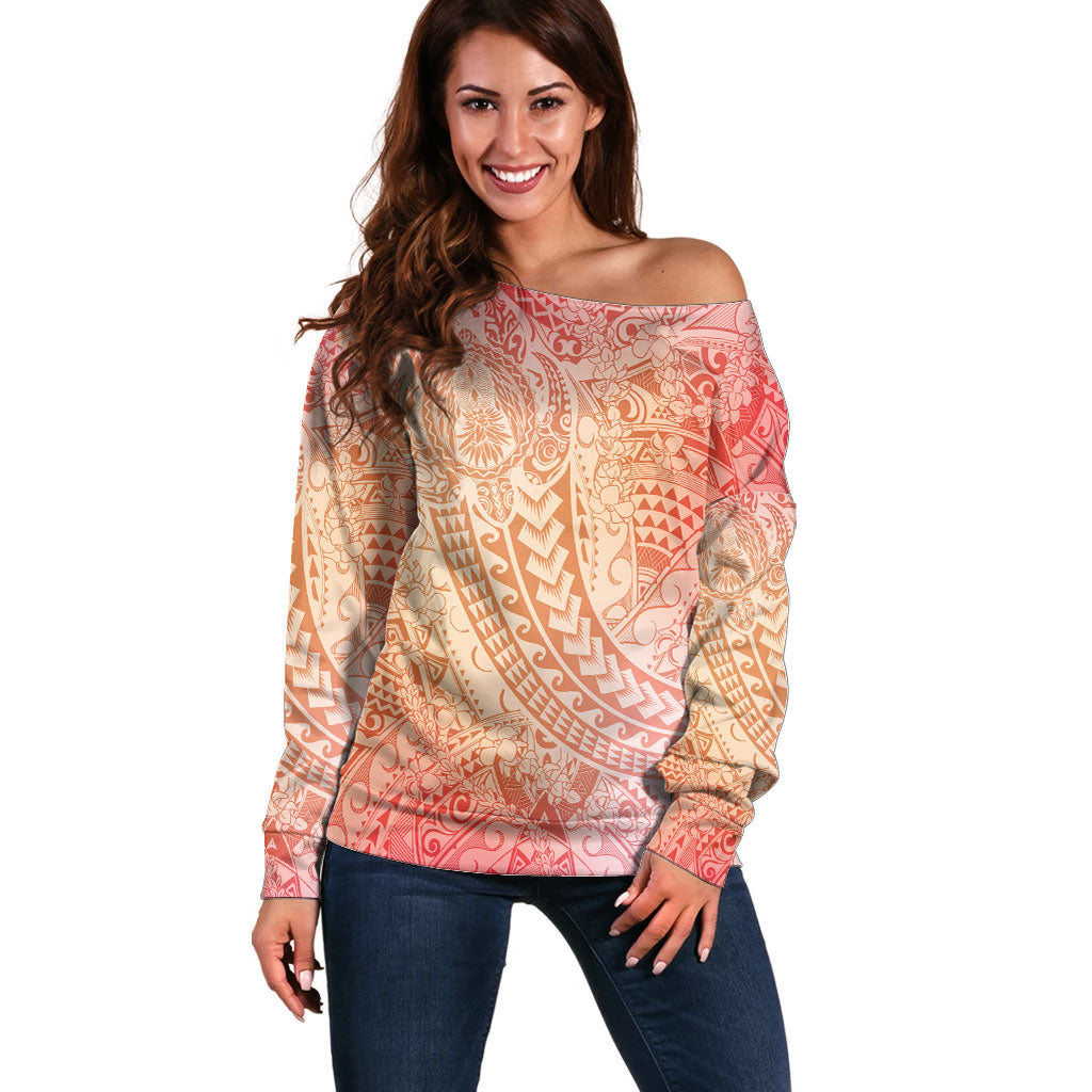 Hawaiian Turtles and Leis Off Shoulder Sweater Tribal Kakau Pattern Peach Fuzz Color