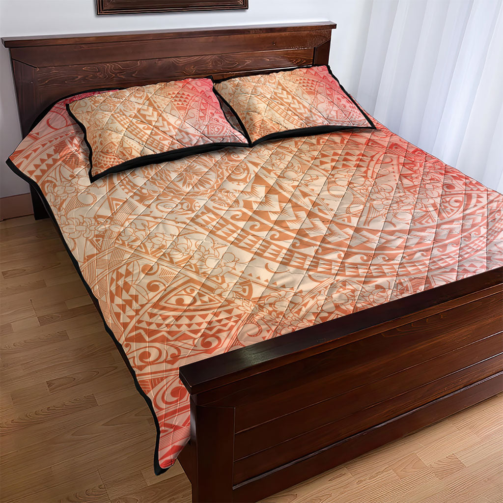 Hawaiian Turtles and Leis Quilt Bed Set Tribal Kakau Pattern Peach Fuzz Color