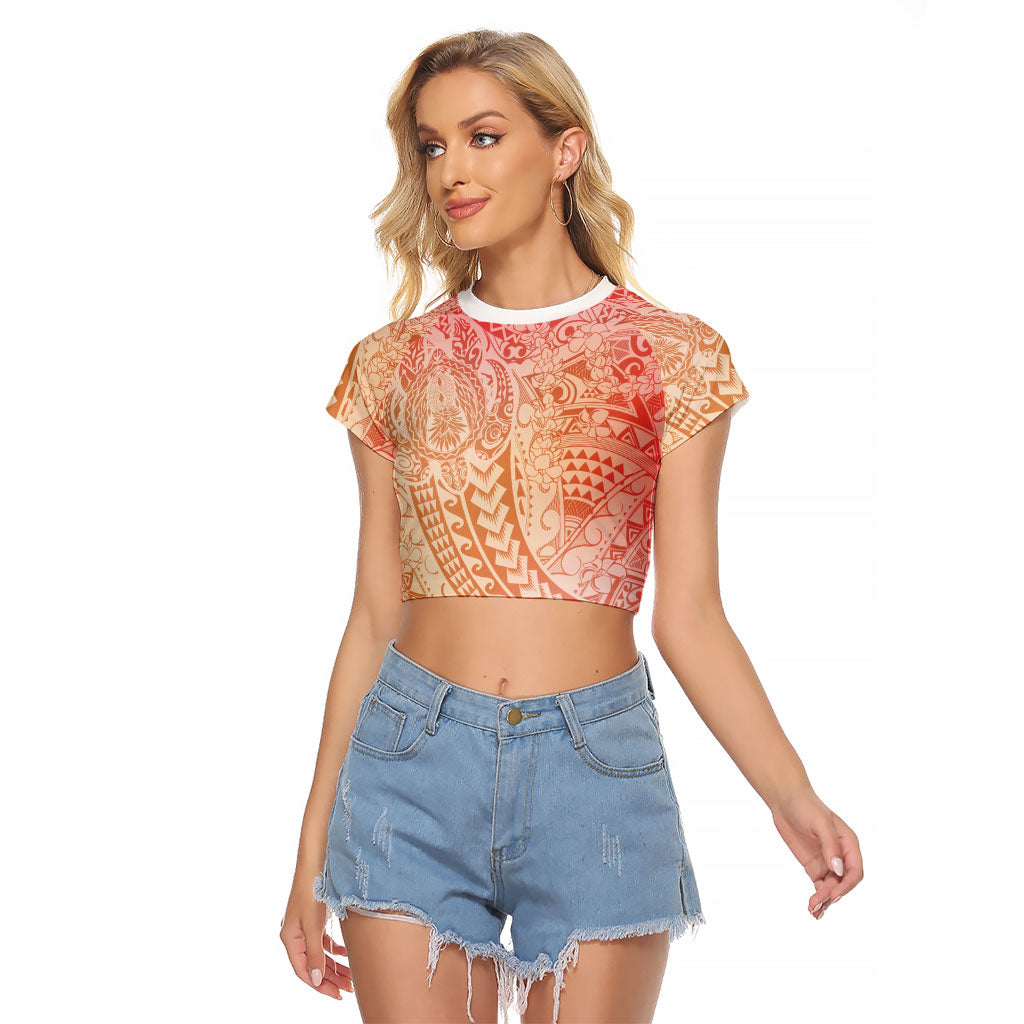 Hawaiian Turtles and Leis Raglan Cropped T Shirt Tribal Kakau Pattern Peach Fuzz Color