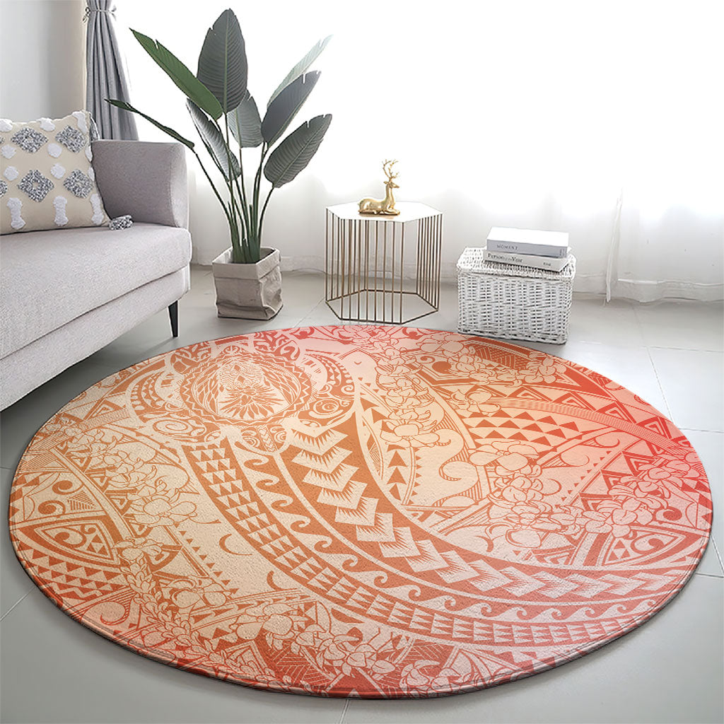Hawaiian Turtles and Leis Round Carpet Tribal Kakau Pattern Peach Fuzz Color