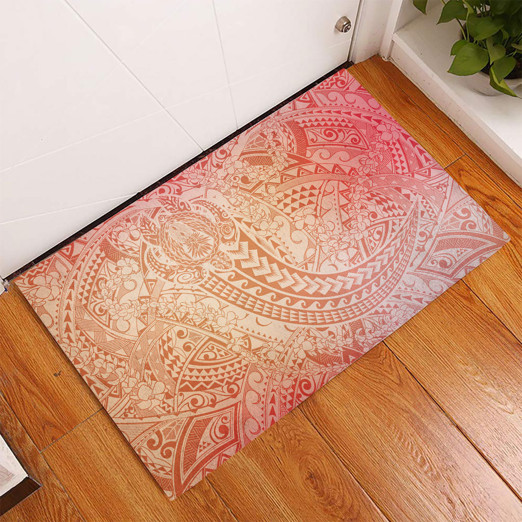 Hawaiian Turtles and Leis Rubber Doormat Tribal Kakau Pattern Peach Fuzz Color