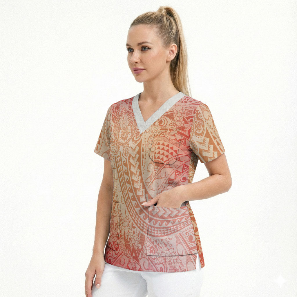 Hawaiian Turtles and Leis Scrub Top Tribal Kakau Pattern Peach Fuzz Color