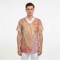 Hawaiian Turtles and Leis Scrub Top Tribal Kakau Pattern Peach Fuzz Color