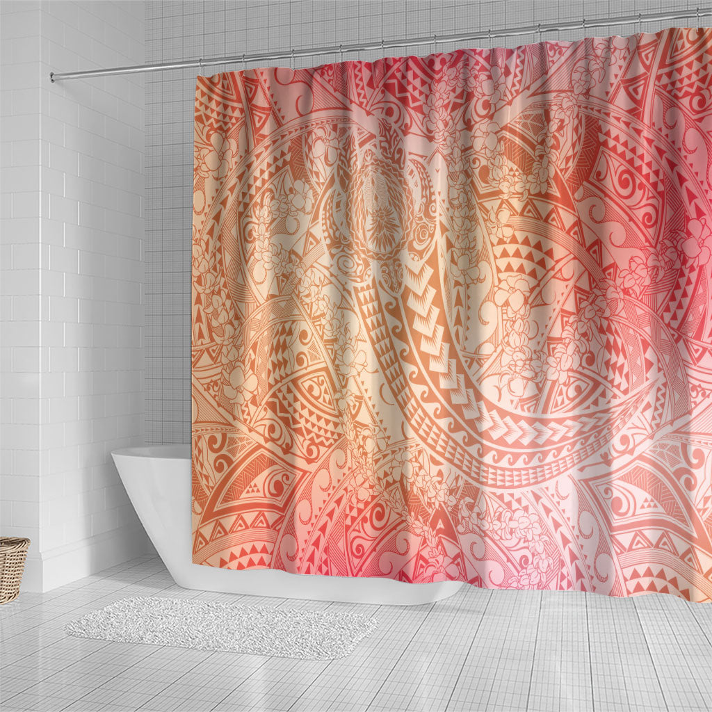 Hawaiian Turtles and Leis Shower Curtain Tribal Kakau Pattern Peach Fuzz Color