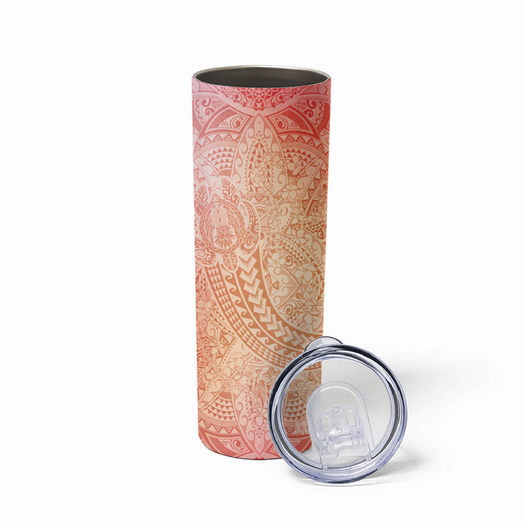 Hawaiian Turtles and Leis Skinny Tumbler Tribal Kakau Pattern Peach Fuzz Color