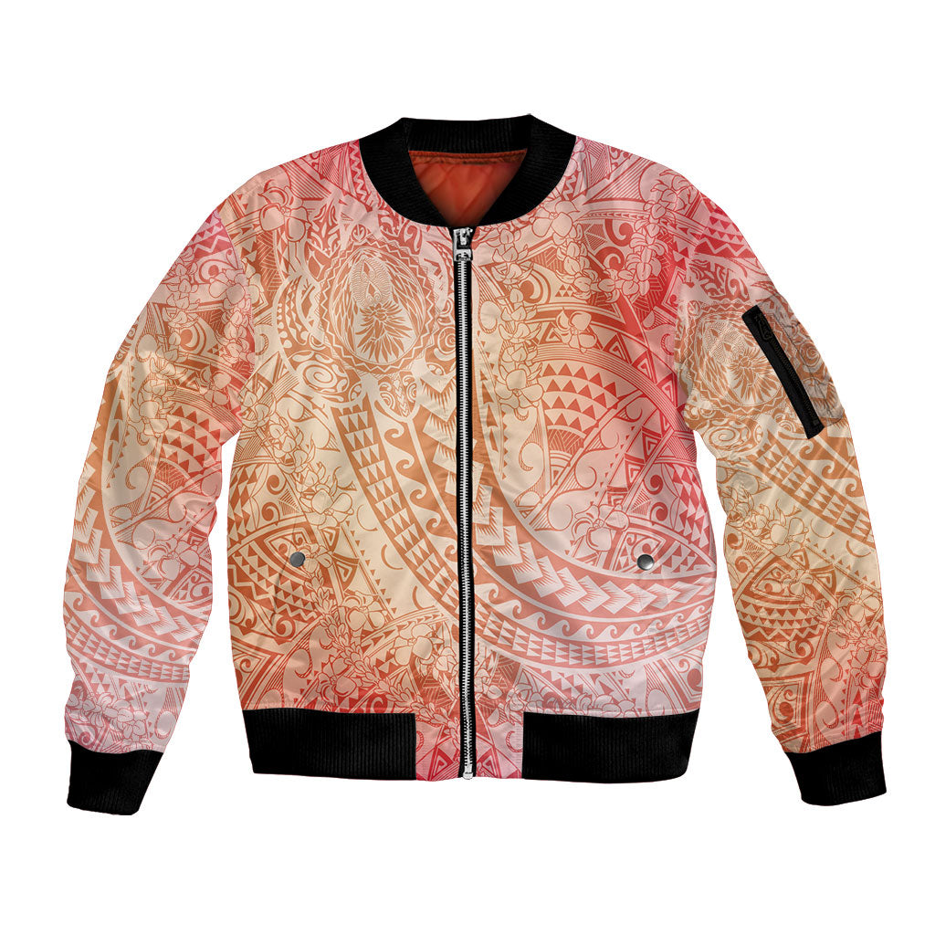 Hawaiian Turtles and Leis Sleeve Zip Bomber Jacket Tribal Kakau Pattern Peach Fuzz Color