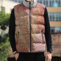 Hawaiian Turtles and Leis Sleeveless Puffer Jacket Tribal Kakau Pattern Peach Fuzz Color
