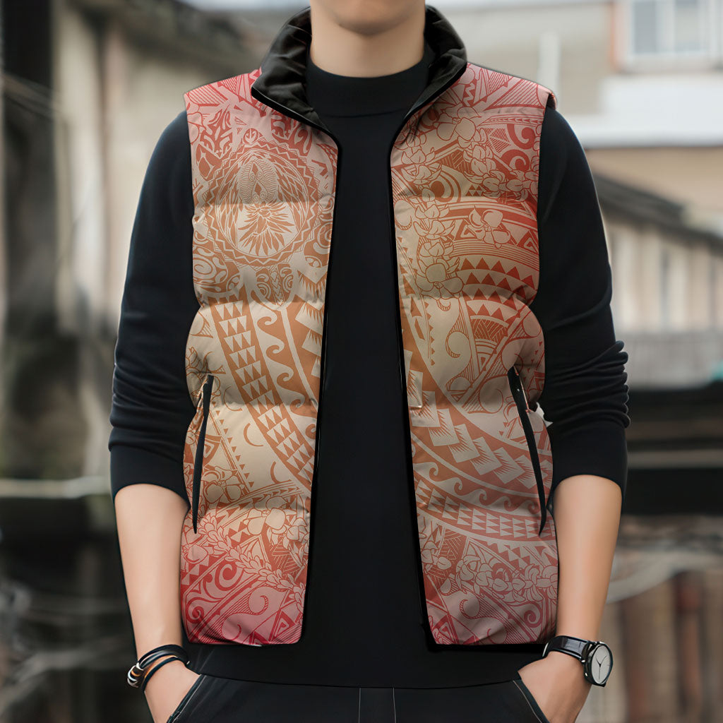Hawaiian Turtles and Leis Sleeveless Puffer Jacket Tribal Kakau Pattern Peach Fuzz Color
