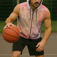 Hawaiian Turtles and Leis Sleeveless Zip Hoodie Tribal Kakau Pattern Peach Fuzz Color