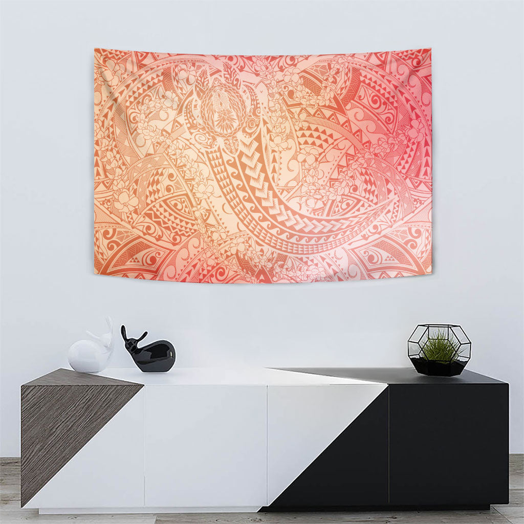 Hawaiian Turtles and Leis Tapestry Tribal Kakau Pattern Peach Fuzz Color