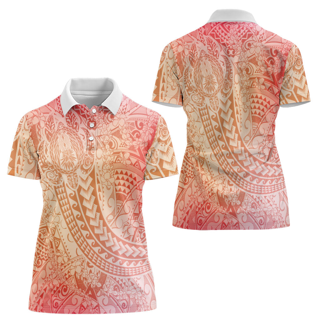 Hawaiian Turtles and Leis Women Polo Shirt Tribal Kakau Pattern Peach Fuzz Color