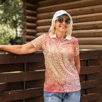 Hawaiian Turtles and Leis Women Polo Shirt Tribal Kakau Pattern Peach Fuzz Color