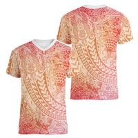 Hawaiian Turtles and Leis Women V-Neck T-Shirt Tribal Kakau Pattern Peach Fuzz Color