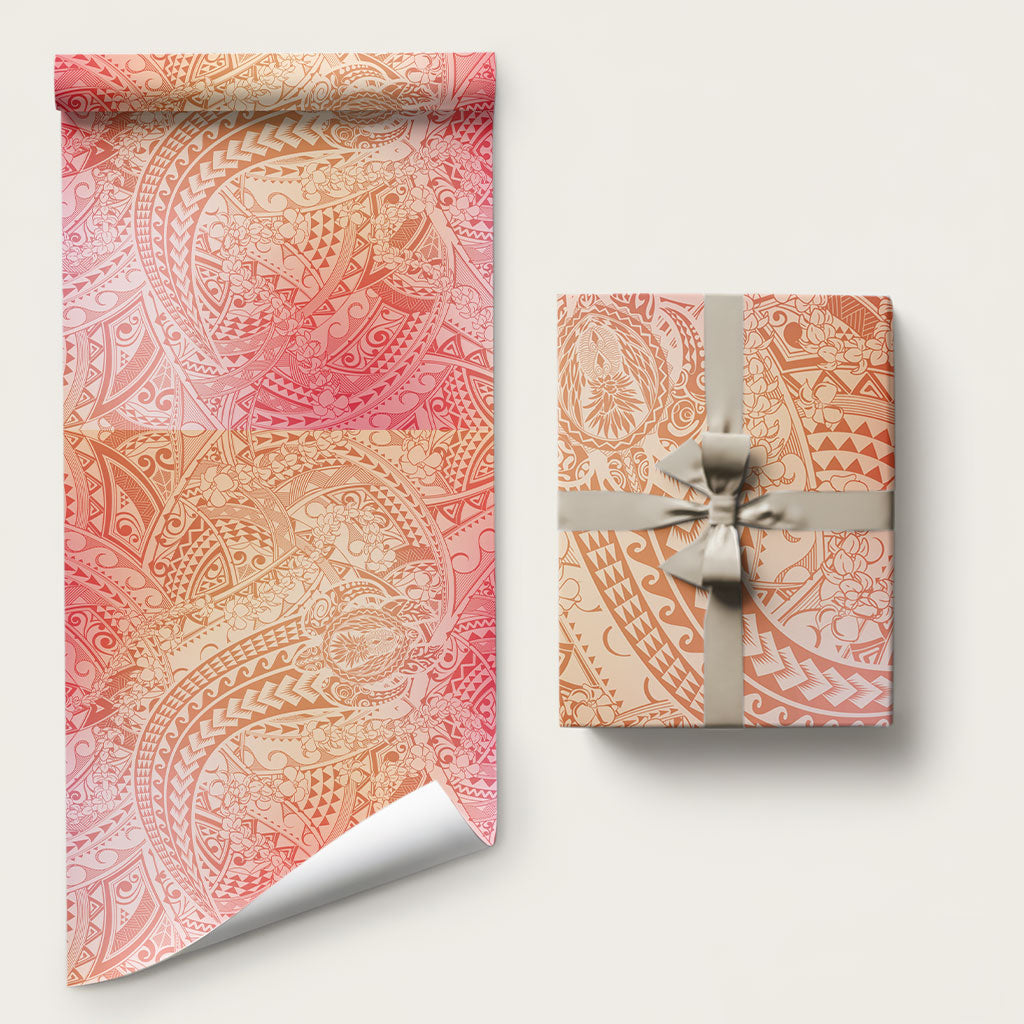 Hawaiian Turtles and Leis Wrapping Paper Tribal Kakau Pattern Peach Fuzz Color