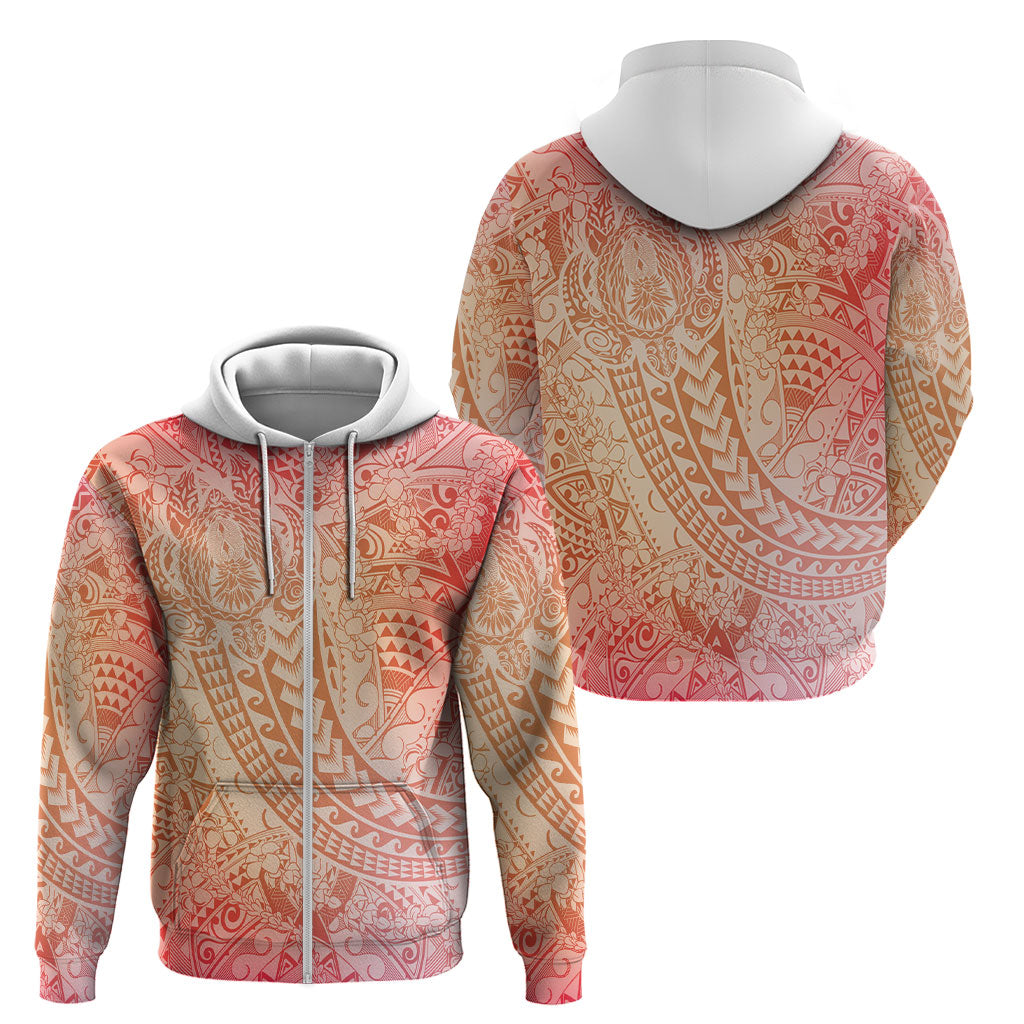 Hawaiian Turtles and Leis Zip Hoodie Tribal Kakau Pattern Peach Fuzz Color