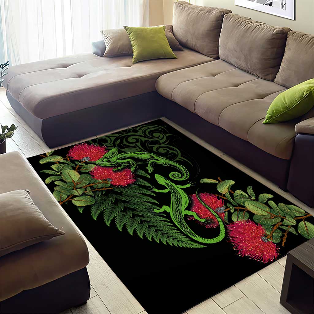 New Zealand Chameleon and Gecko Area Rug Maori Silver Fern and Pohutukawa Decoration