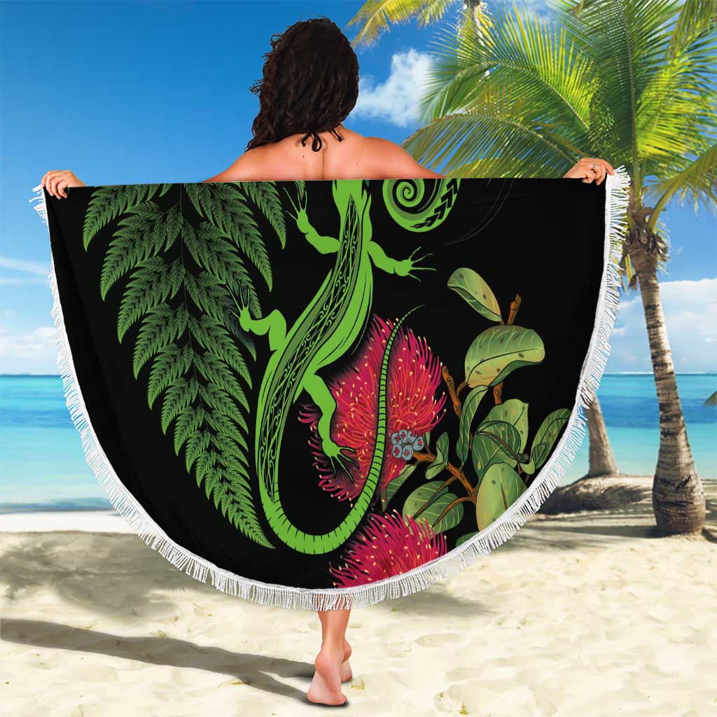 New Zealand Chameleon and Gecko Beach Blanket Maori Silver Fern and Pohutukawa Decoration LT03 - Polynesian Pride