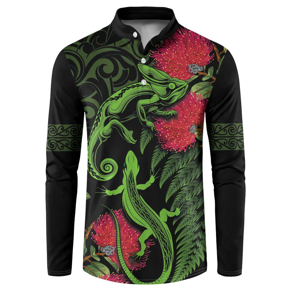 New Zealand Chameleon and Gecko Button Sweatshirt Maori Silver Fern and Pohutukawa Decoration