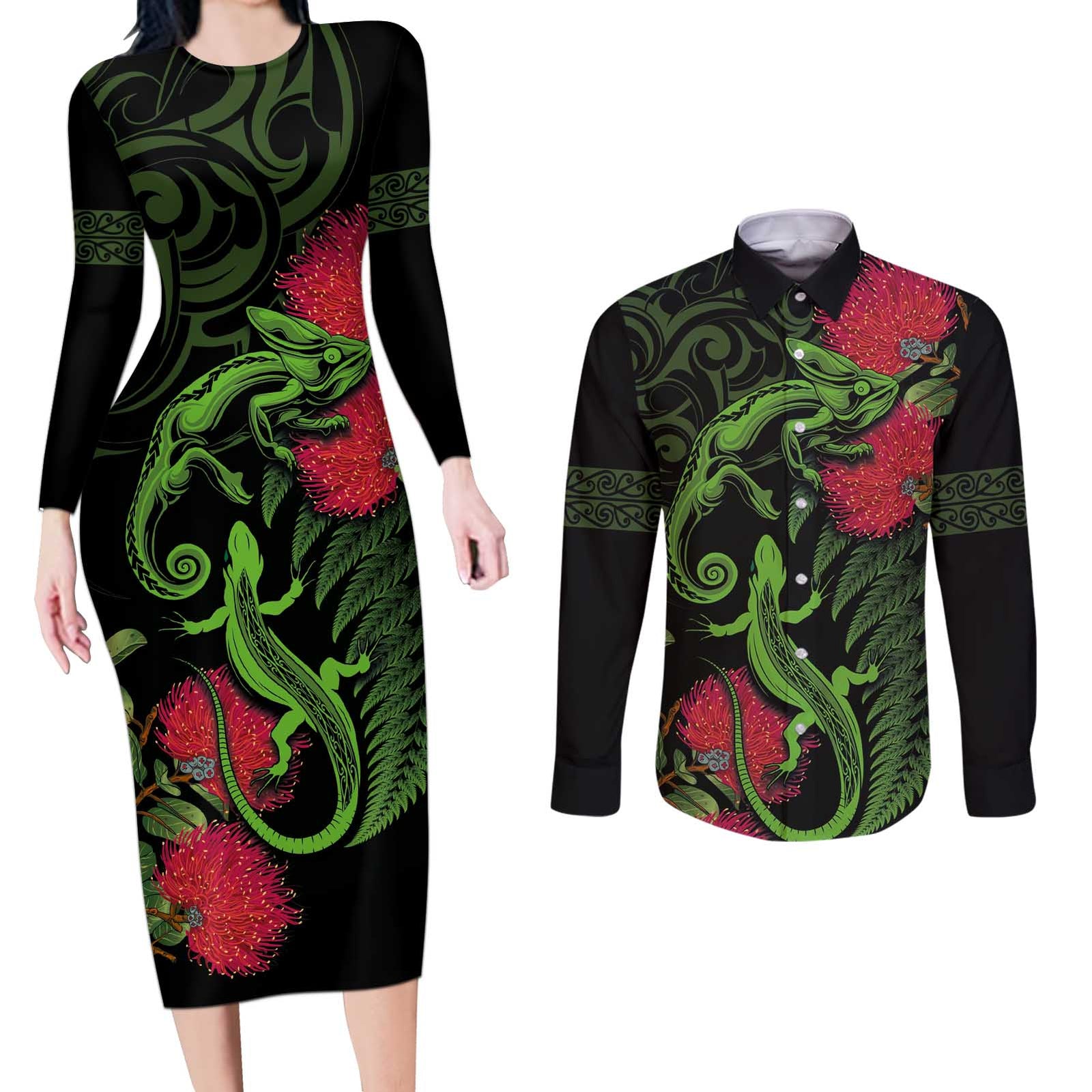 New Zealand Chameleon and Gecko Couples Matching Long Sleeve Bodycon Dress and Long Sleeve Button Shirt Maori Silver Fern and Pohutukawa Decoration LT03 Green - Polynesian Pride
