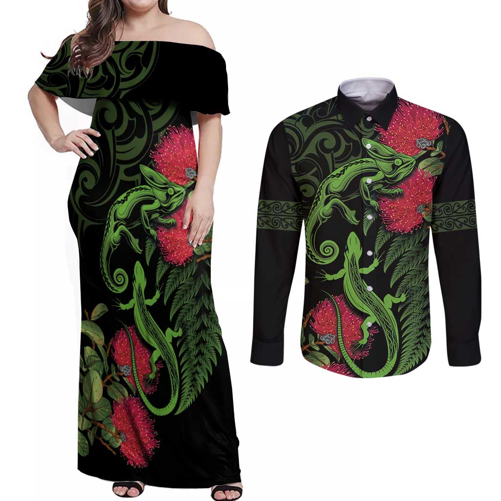 New Zealand Chameleon and Gecko Couples Matching Off Shoulder Maxi Dress and Long Sleeve Button Shirt Maori Silver Fern and Pohutukawa Decoration