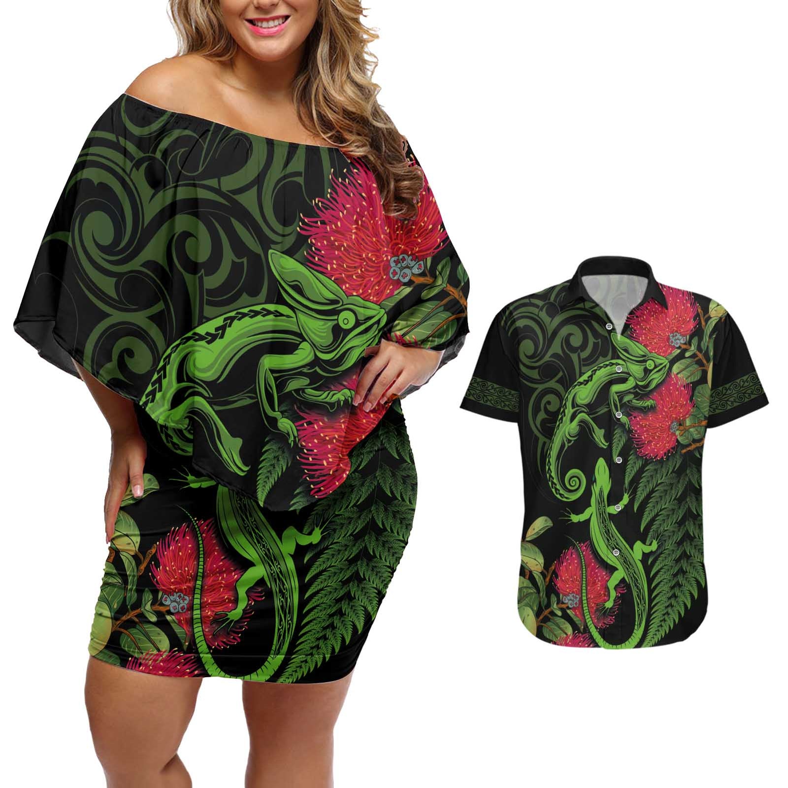 New Zealand Chameleon and Gecko Couples Matching Off Shoulder Short Dress and Hawaiian Shirt Maori Silver Fern and Pohutukawa Decoration LT03 Green - Polynesian Pride