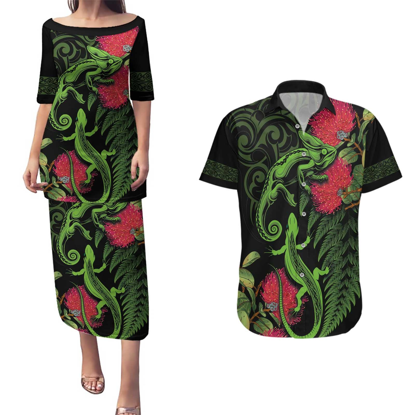 New Zealand Chameleon and Gecko Couples Matching Puletasi and Hawaiian Shirt Maori Silver Fern and Pohutukawa Decoration LT03 Green - Polynesian Pride