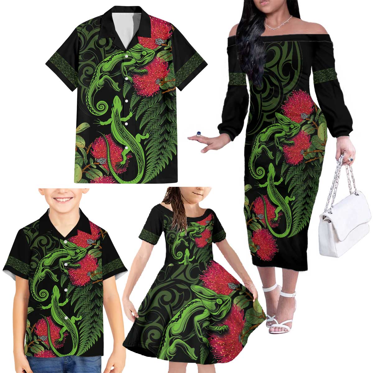 New Zealand Chameleon and Gecko Family Matching Off The Shoulder Long Sleeve Dress and Hawaiian Shirt Maori Silver Fern and Pohutukawa Decoration