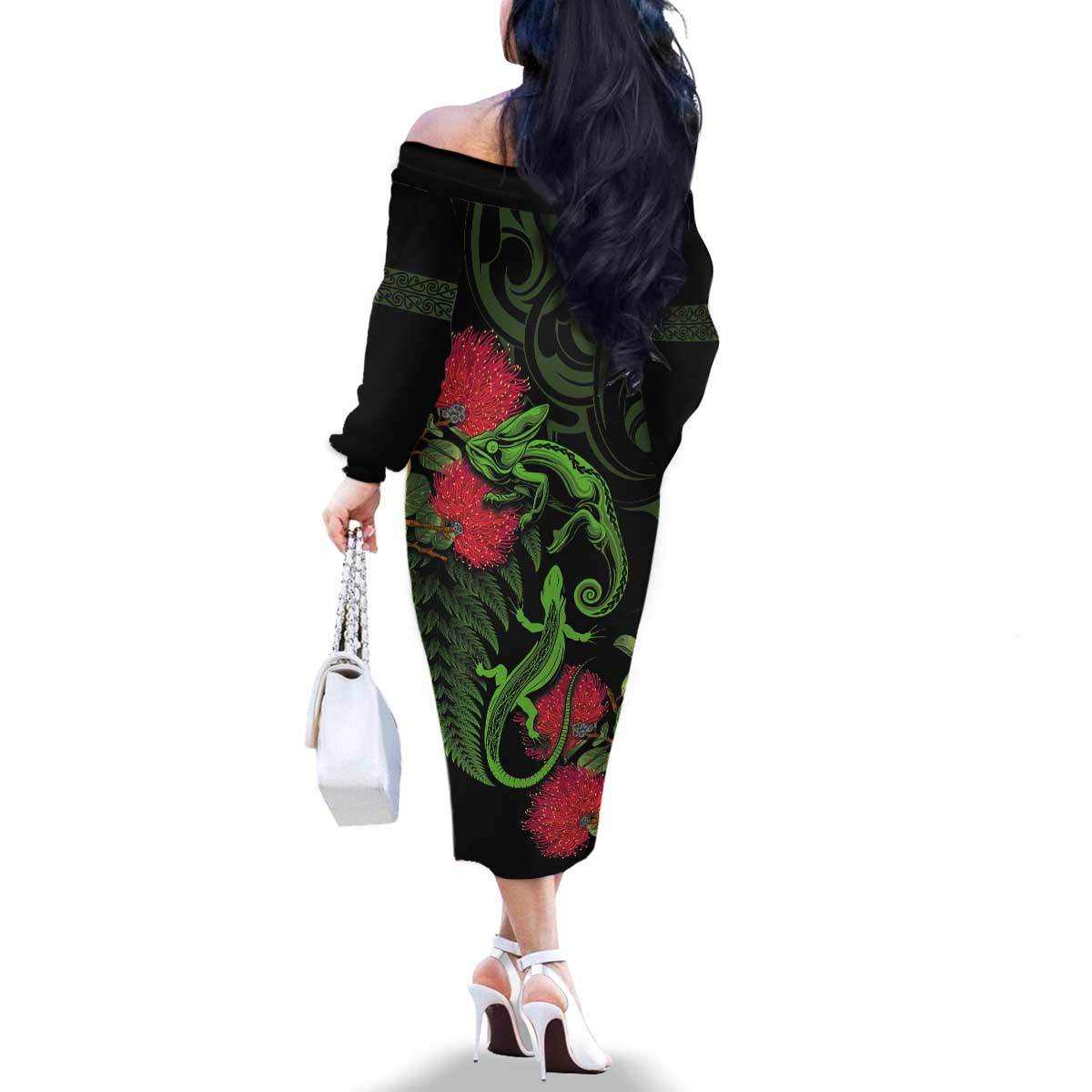 New Zealand Chameleon and Gecko Family Matching Off The Shoulder Long Sleeve Dress and Hawaiian Shirt Maori Silver Fern and Pohutukawa Decoration