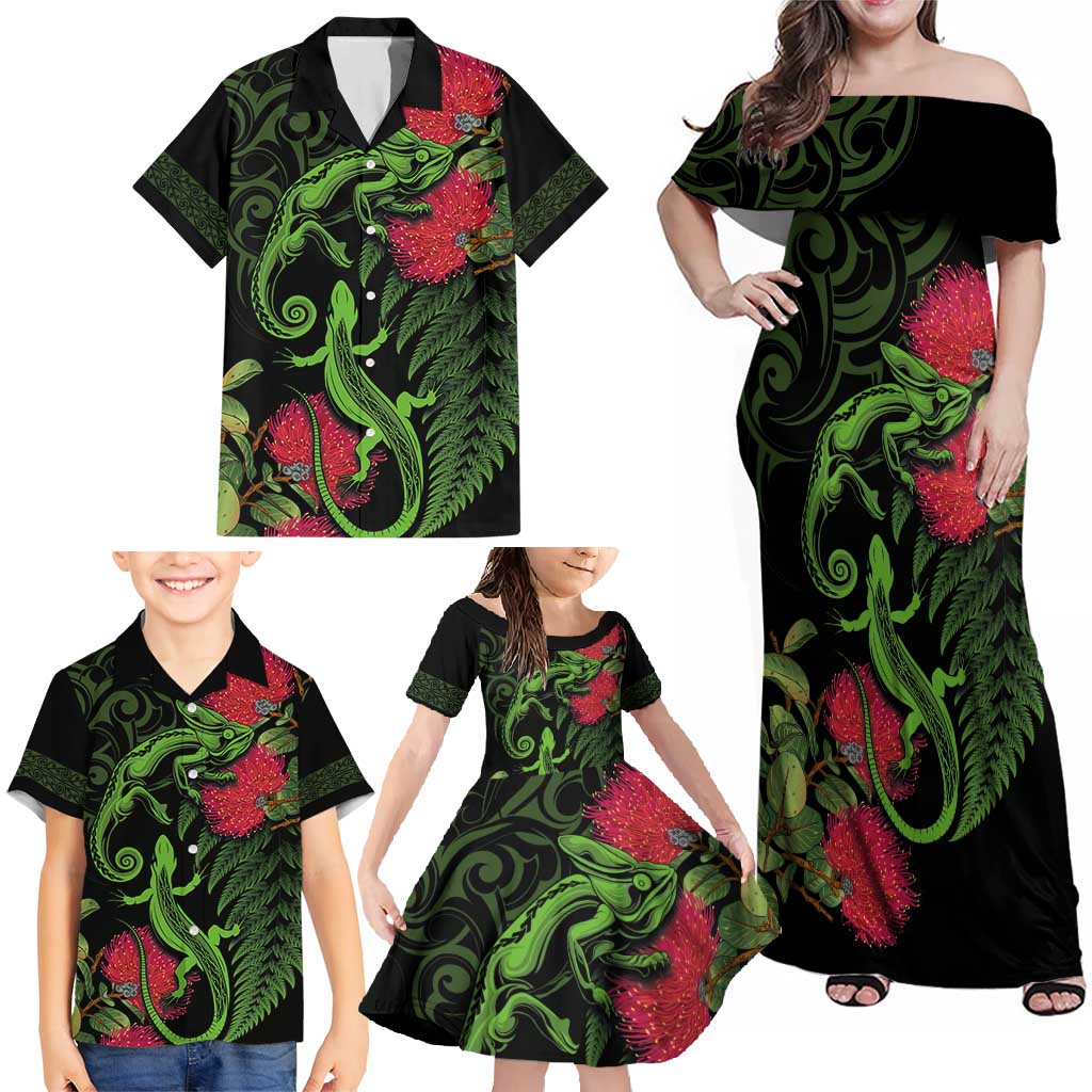 New Zealand Chameleon and Gecko Family Matching Off Shoulder Maxi Dress and Hawaiian Shirt Maori Silver Fern and Pohutukawa Decoration