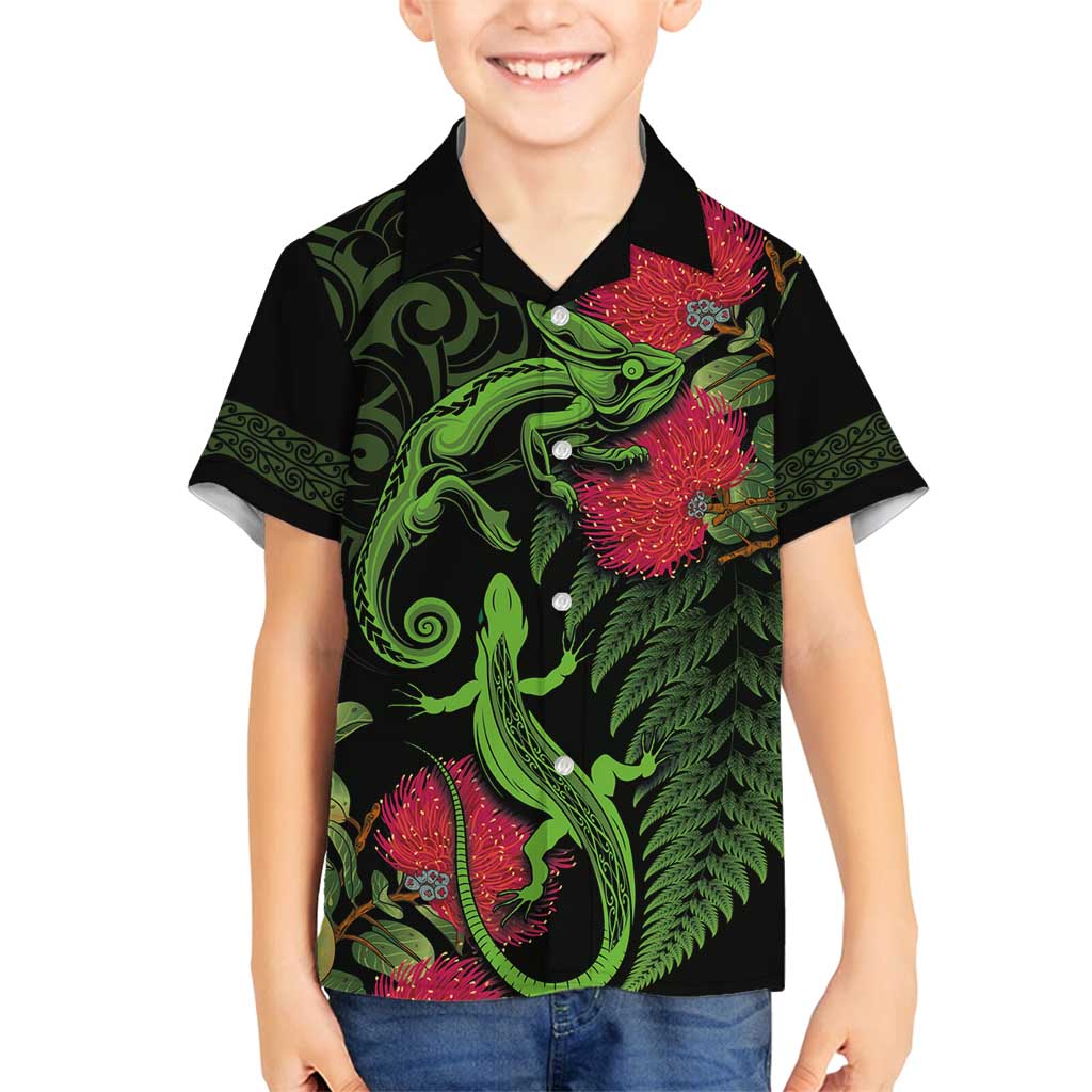 New Zealand Chameleon and Gecko Family Matching Off Shoulder Maxi Dress and Hawaiian Shirt Maori Silver Fern and Pohutukawa Decoration