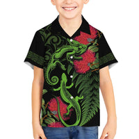 New Zealand Chameleon and Gecko Family Matching Off Shoulder Maxi Dress and Hawaiian Shirt Maori Silver Fern and Pohutukawa Decoration