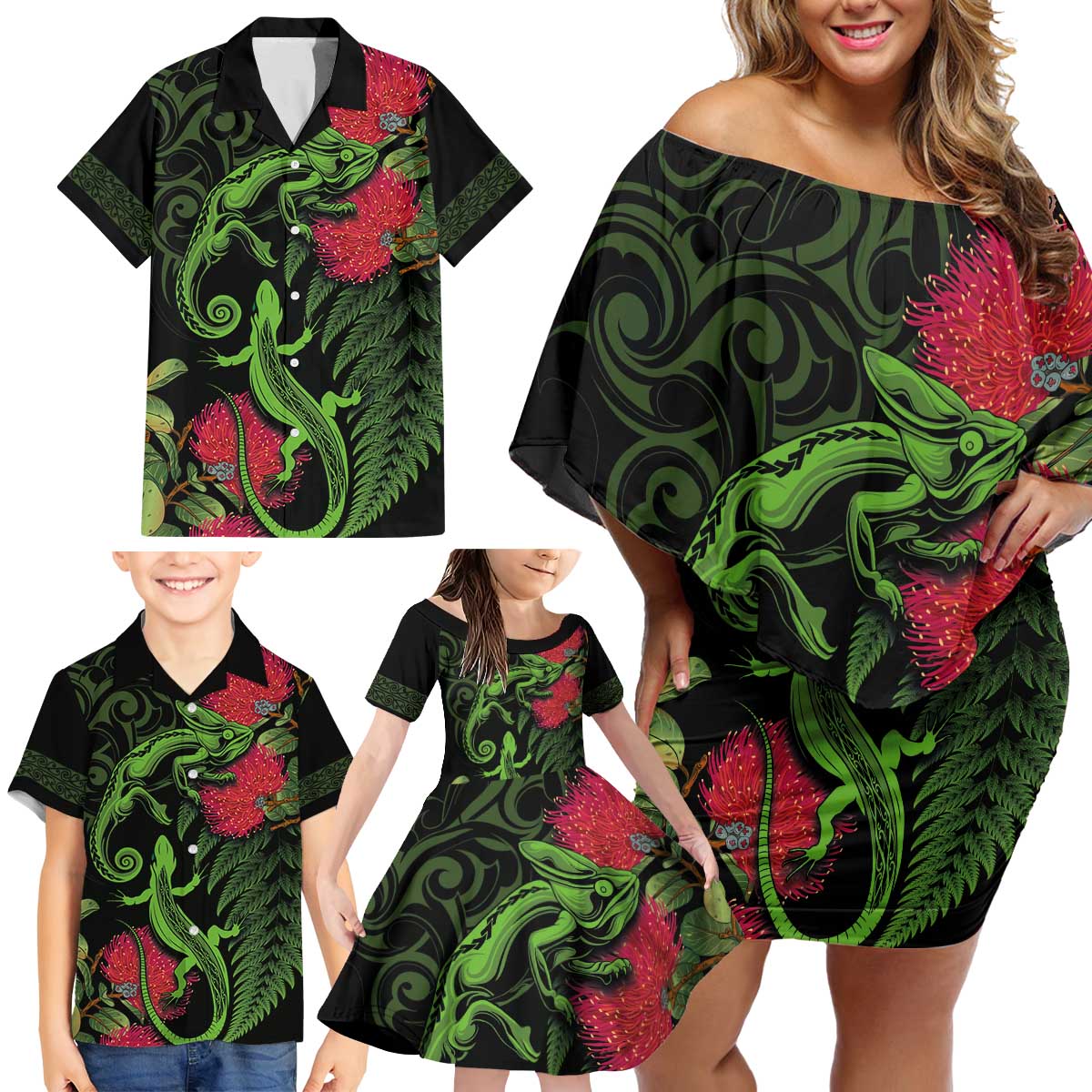 New Zealand Chameleon and Gecko Family Matching Off Shoulder Short Dress and Hawaiian Shirt Maori Silver Fern and Pohutukawa Decoration