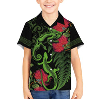 New Zealand Chameleon and Gecko Family Matching Off Shoulder Short Dress and Hawaiian Shirt Maori Silver Fern and Pohutukawa Decoration