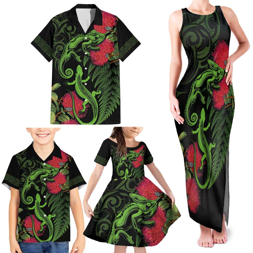 New Zealand Chameleon and Gecko Family Matching Tank Maxi Dress and Hawaiian Shirt Maori Silver Fern and Pohutukawa Decoration