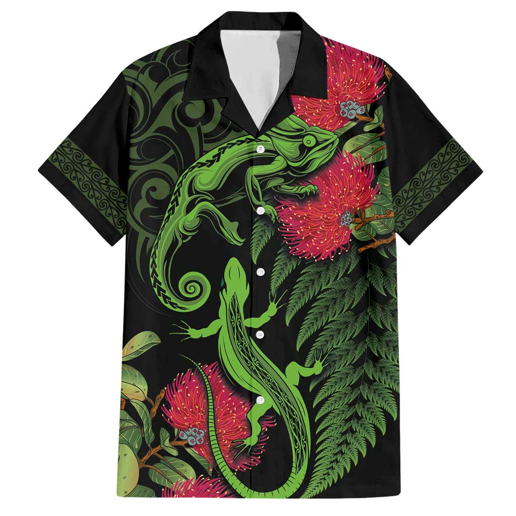 New Zealand Chameleon and Gecko Hawaiian Shirt Maori Silver Fern and Pohutukawa Decoration LT03 Green - Polynesian Pride