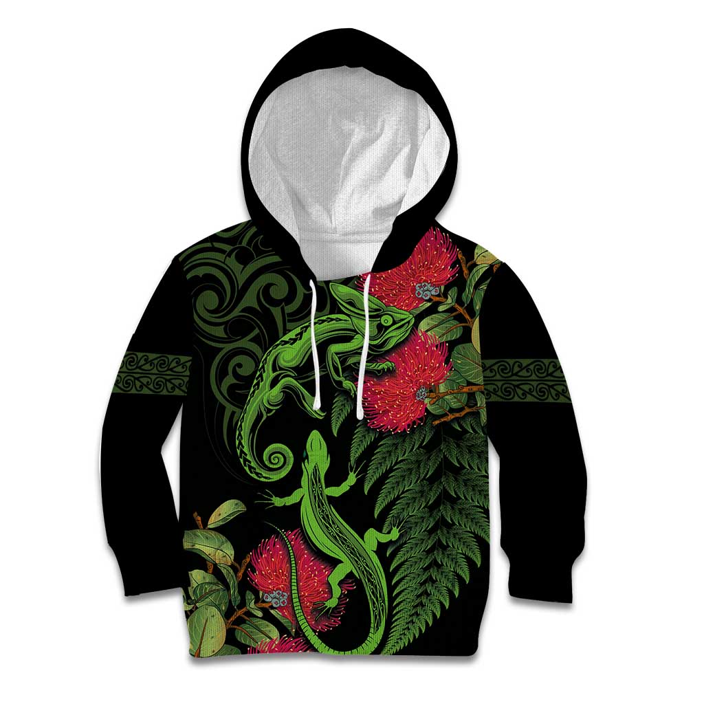 New Zealand Chameleon and Gecko Kid Hoodie Maori Silver Fern and Pohutukawa Decoration