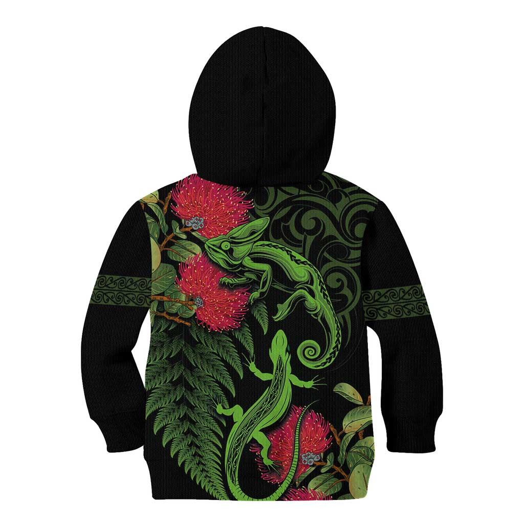 New Zealand Chameleon and Gecko Kid Hoodie Maori Silver Fern and Pohutukawa Decoration