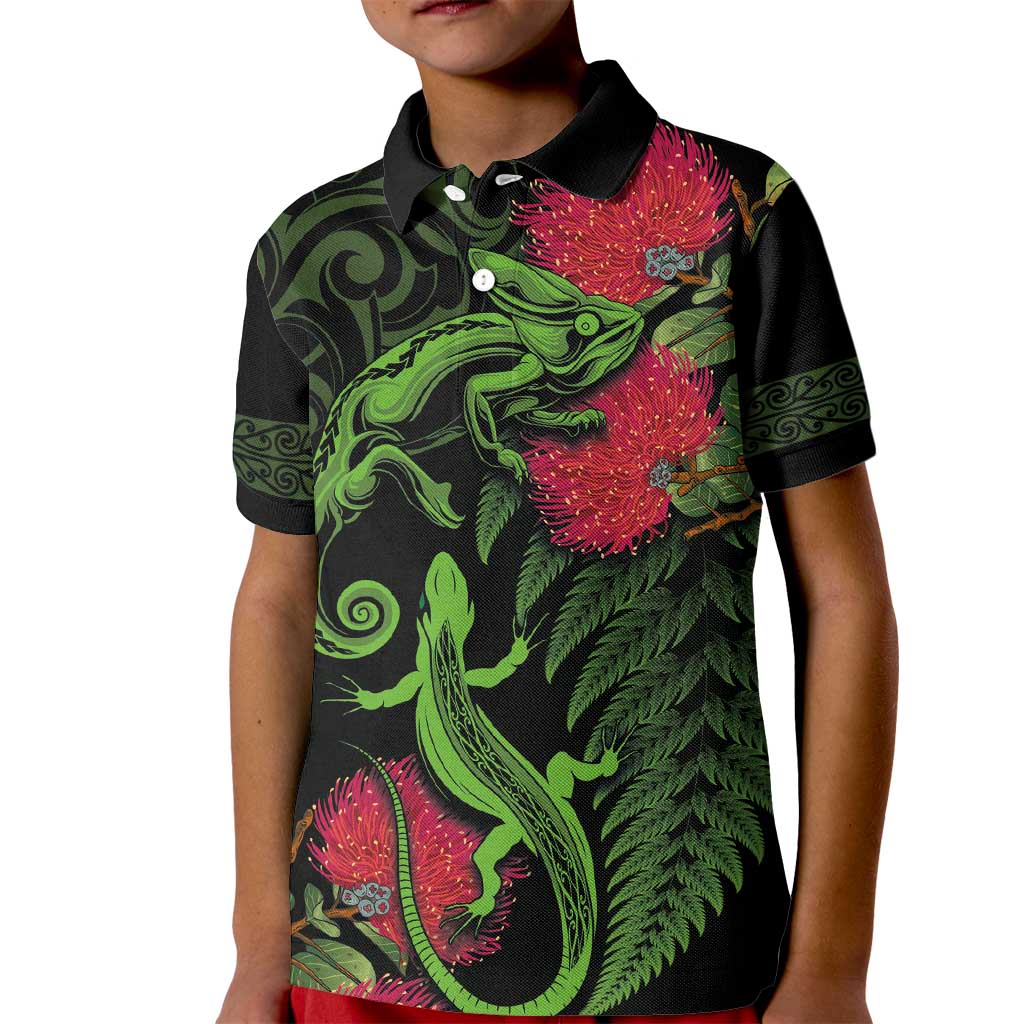 New Zealand Chameleon and Gecko Kid Polo Shirt Maori Silver Fern and Pohutukawa Decoration