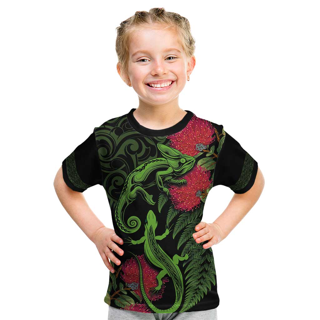 New Zealand Chameleon and Gecko Kid T Shirt Maori Silver Fern and Pohutukawa Decoration