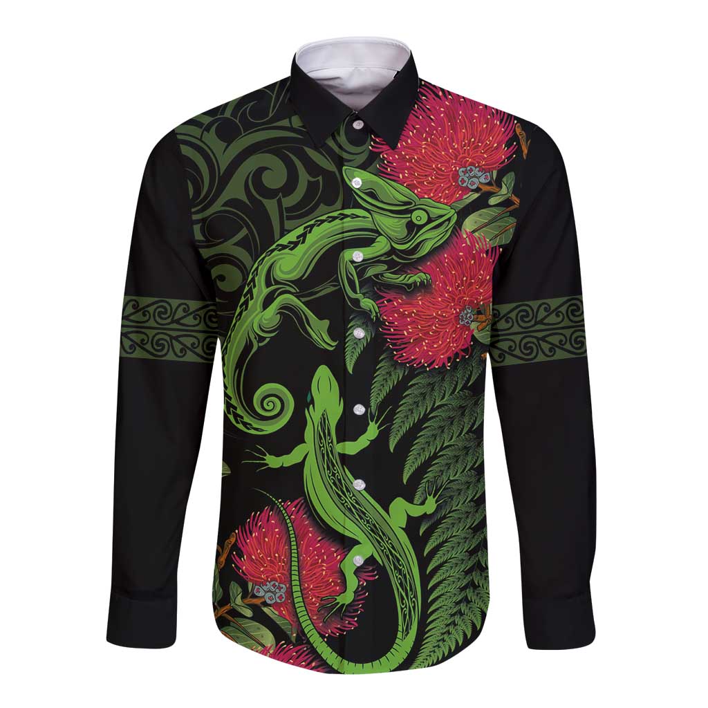 New Zealand Chameleon and Gecko Long Sleeve Button Shirt Maori Silver Fern and Pohutukawa Decoration