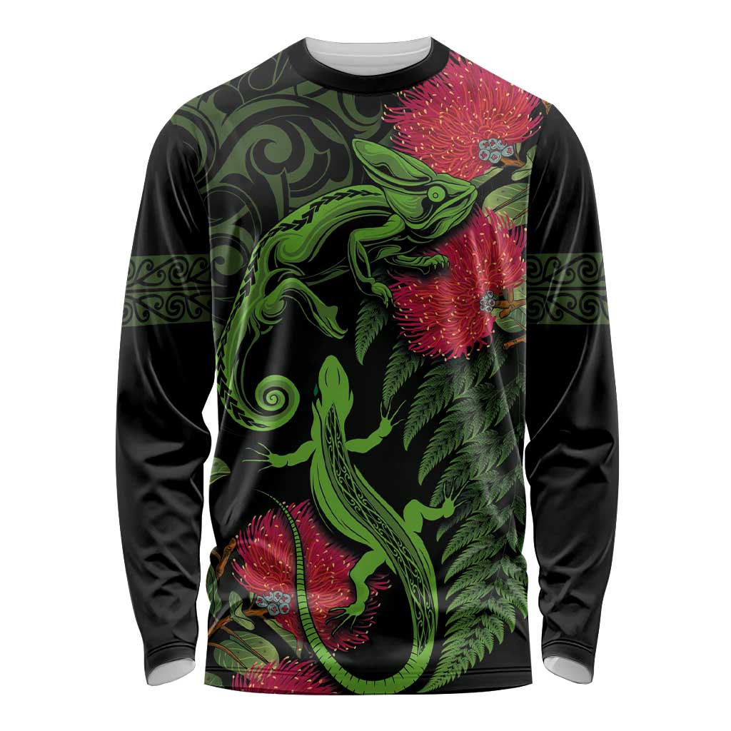 New Zealand Chameleon and Gecko Long Sleeve Shirt Maori Silver Fern and Pohutukawa Decoration